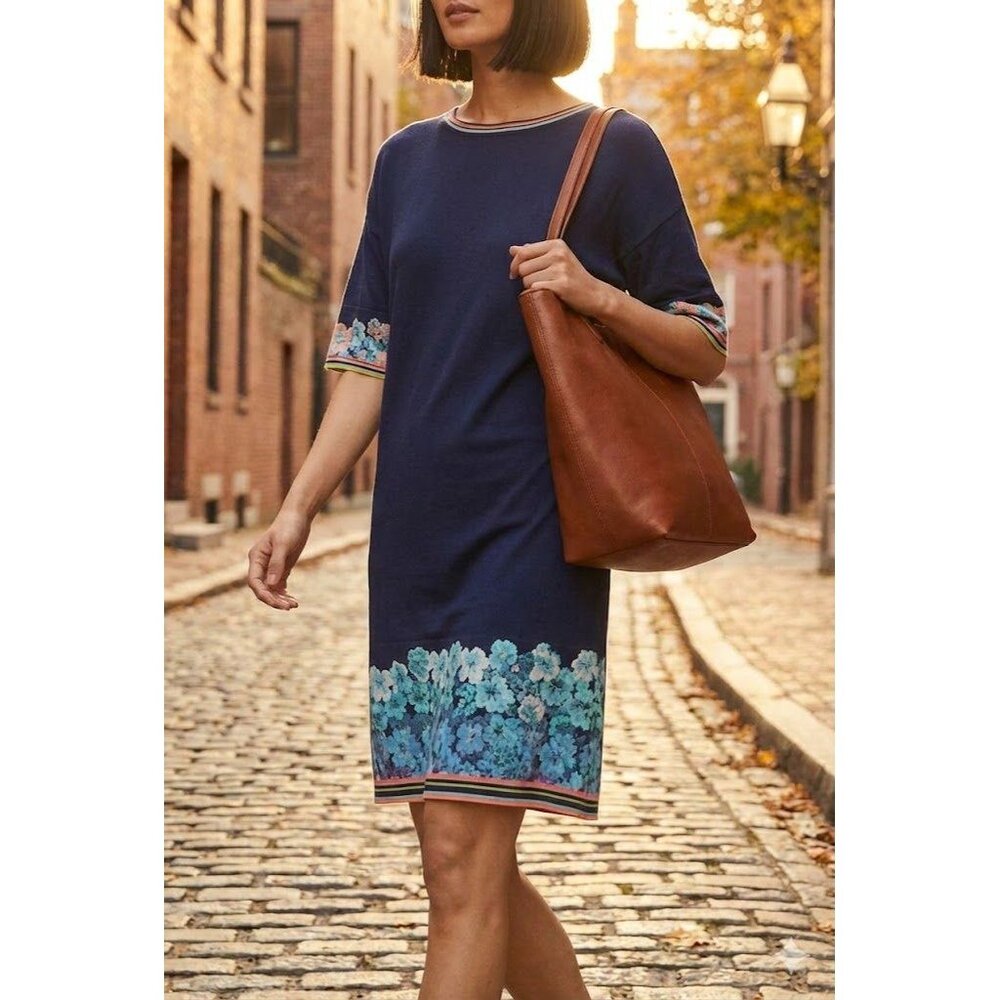 Ivko Dress Small 36 Navy Blue Floral Intarsia Knit Cotton Art to Wear Boho Folk